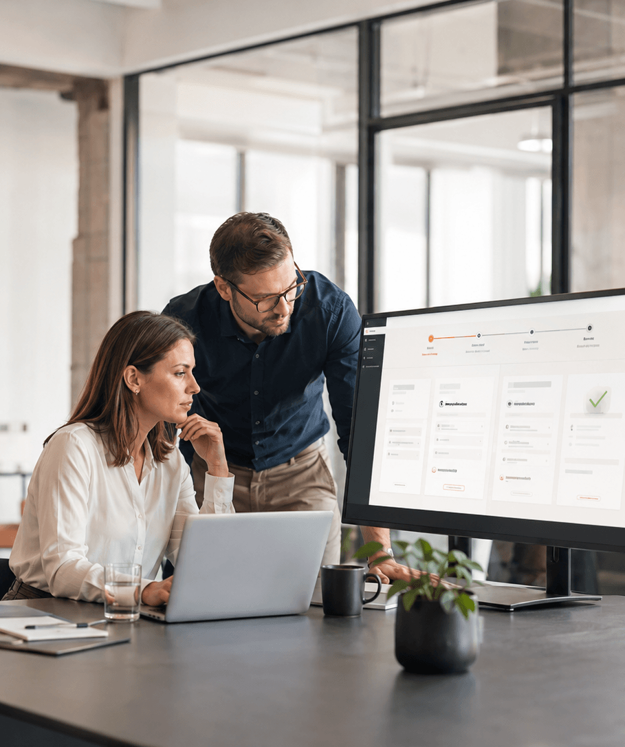 Team prüft einen digitalen Rechnungsworkflow auf einem großen Monitor